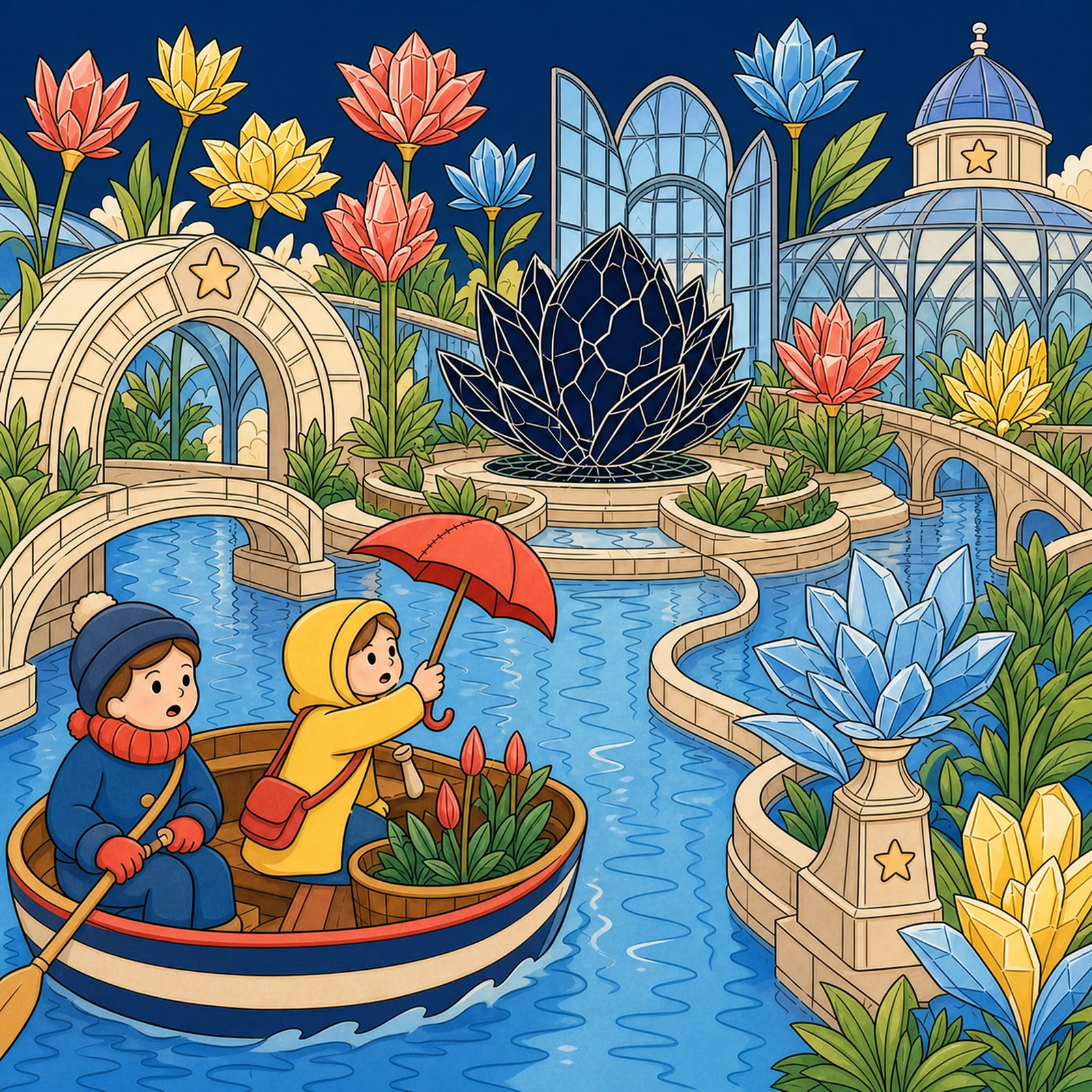 The Umbrella Ferry and the Tideglass Garden, children’s edition cover art.