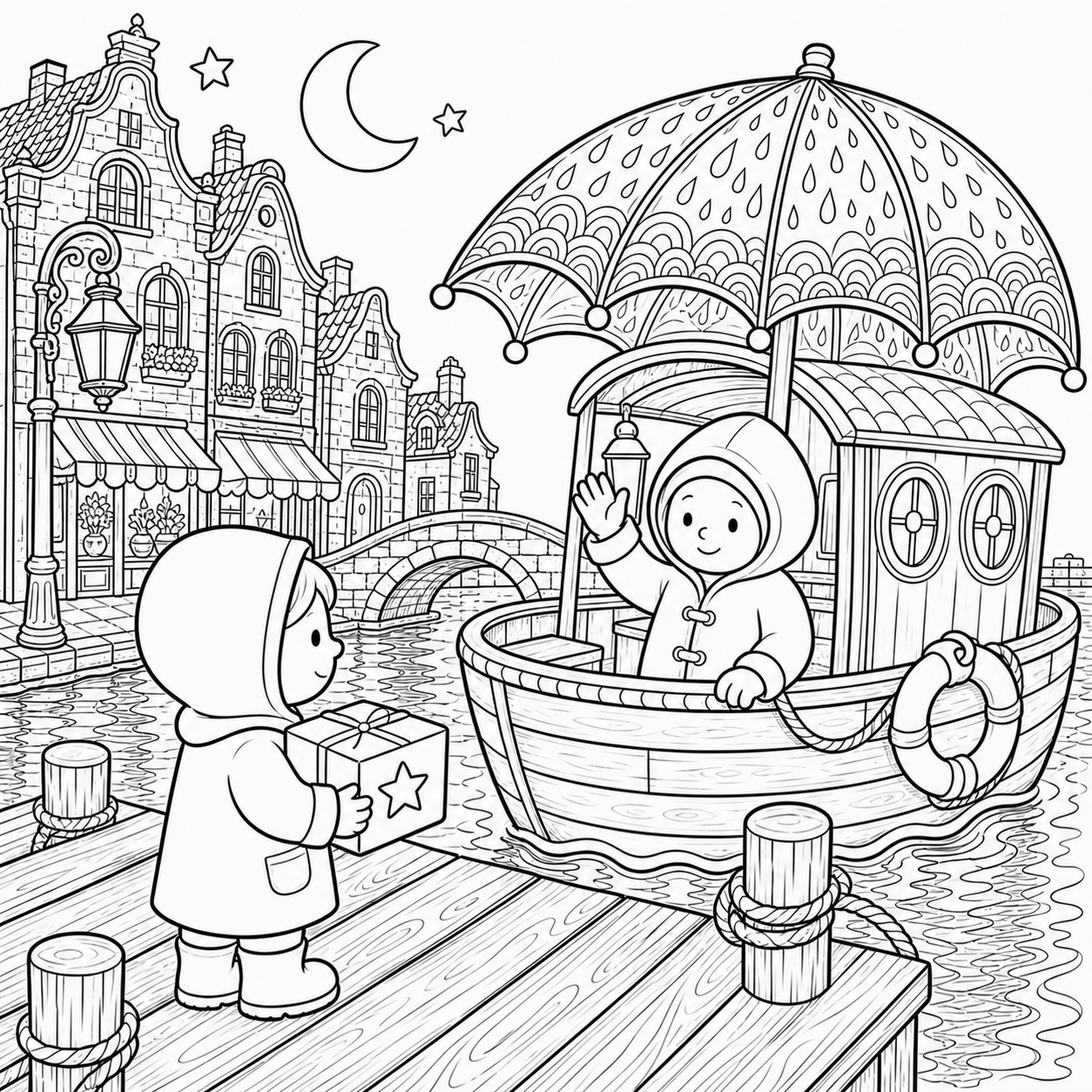 An intricate adult colouring illustration of the same traveller meeting the Umbrella Ferry at a detailed canal dock.