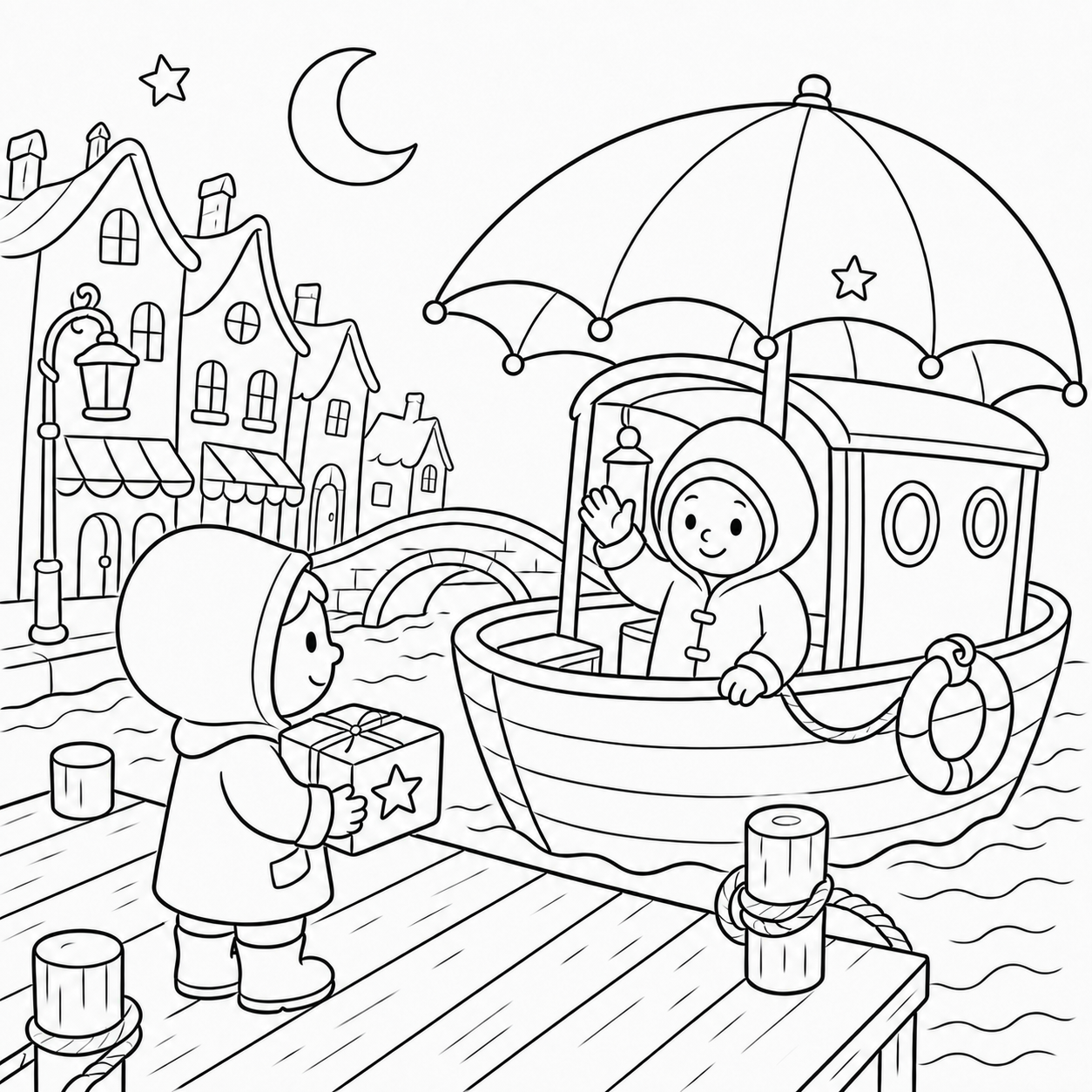 A bold children’s colouring illustration showing the traveller meeting the Umbrella Ferry at a canal dock, with three hidden stars.