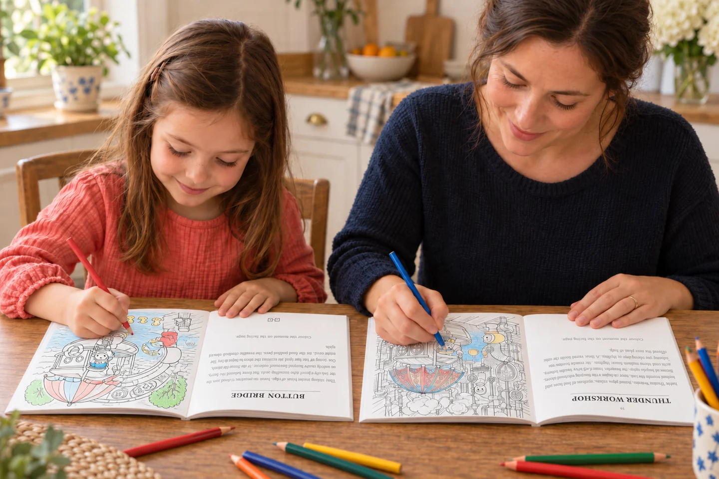 Illustration of a parent and child colouring their own story-colouring books side by side at a kitchen table.