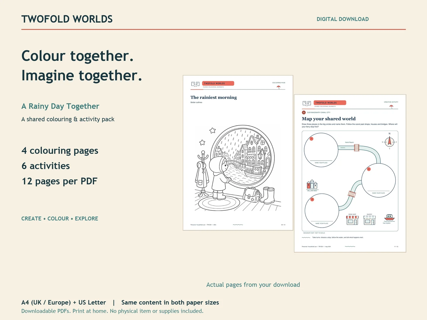 A Rainy Day Together printable pack: an actual colouring page beside the shared canal-map activity.