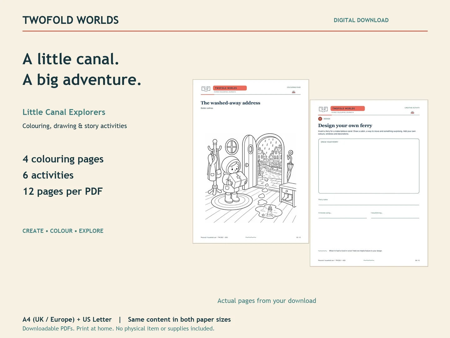 Little Canal Explorers printable pack: previews of the colouring and creative activity pages.