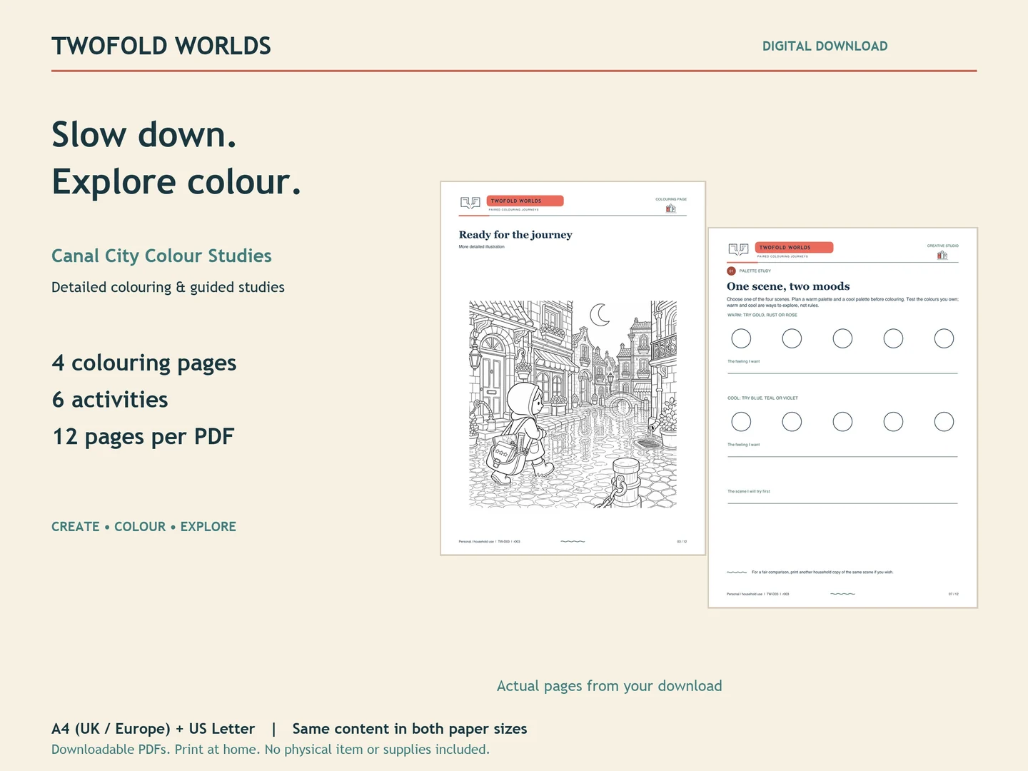 Canal City Colour Studies printable pack: a detailed canal illustration and a colour-study activity.